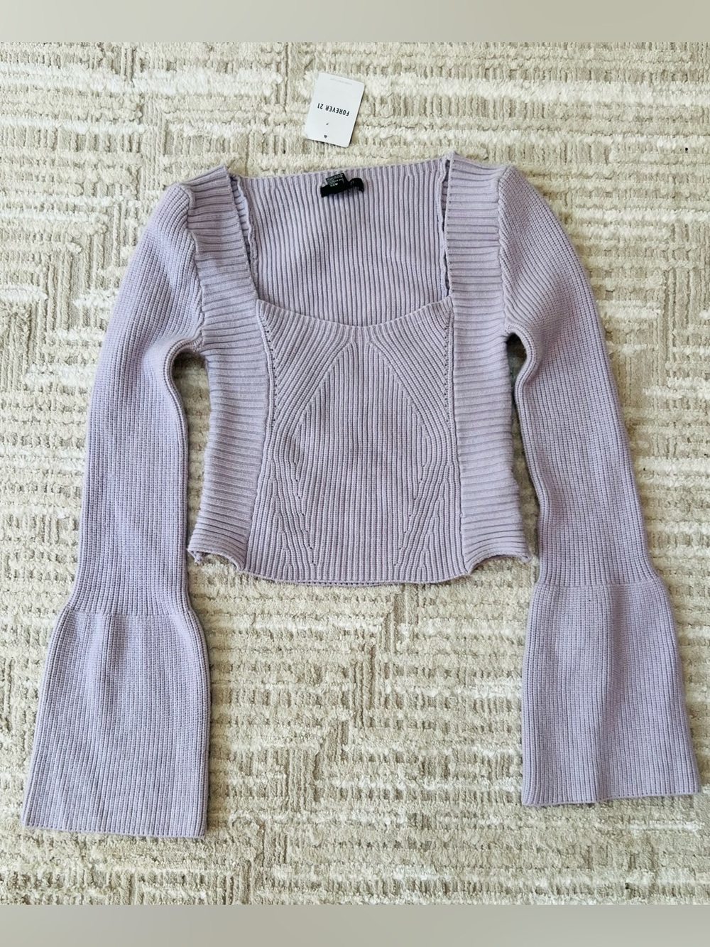 Forever 21 Lilac Bell Sleeve Retro Knit Cozy Square Neck Cropped Sweater Size M